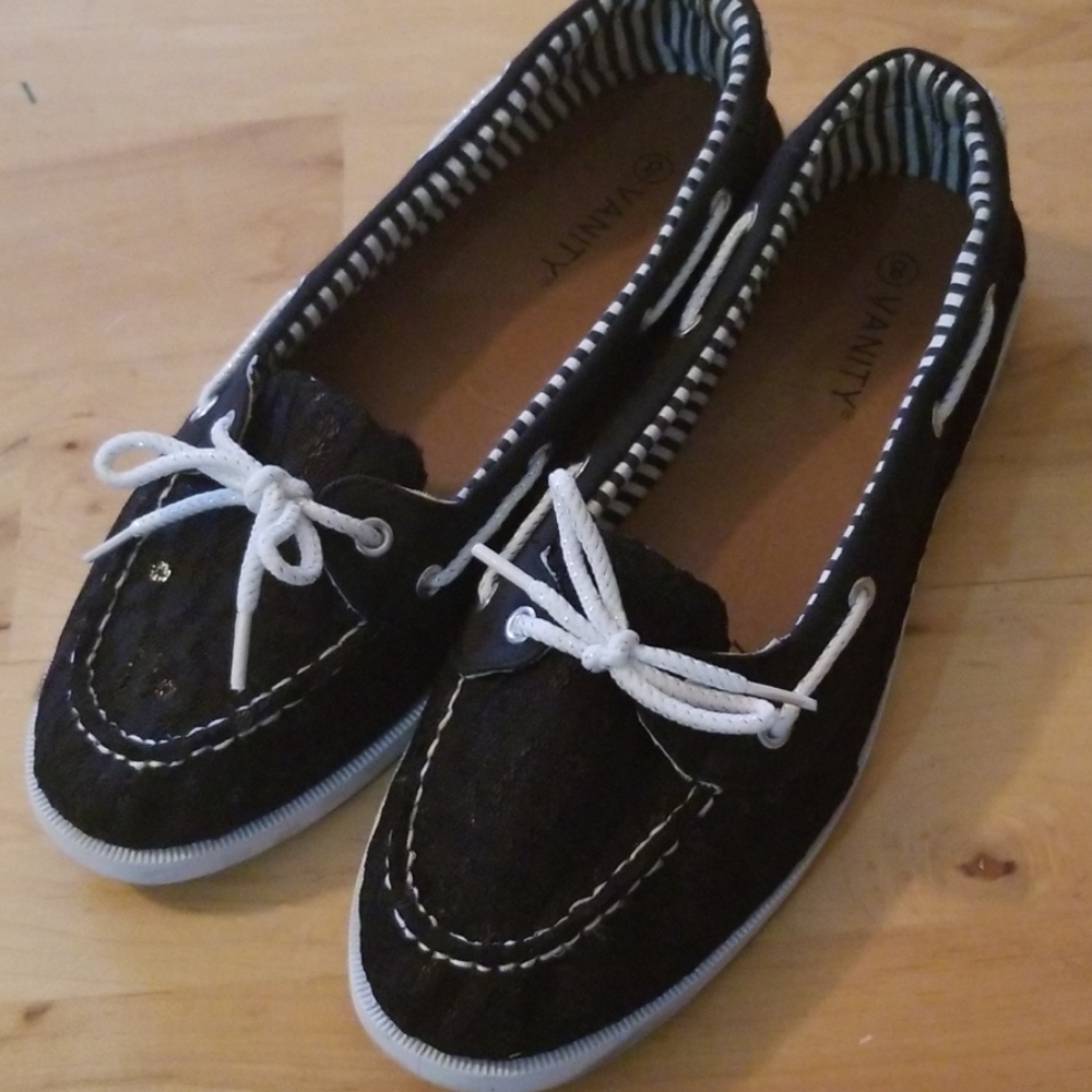 Black sequin and lace boat shoes
